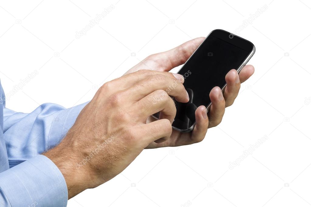Close up of human hand touching smart phone display