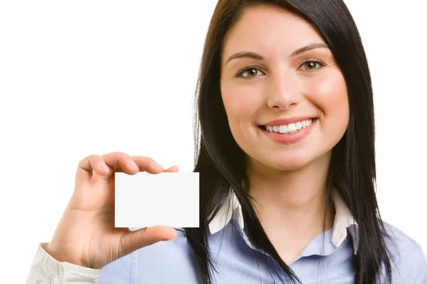Young beautiful Woman with business card — Stock Photo, Image