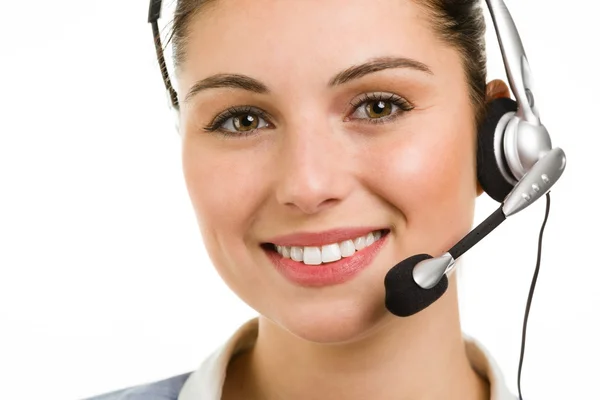 Feliz sorrindo telefonista apoio feminino — Fotografia de Stock