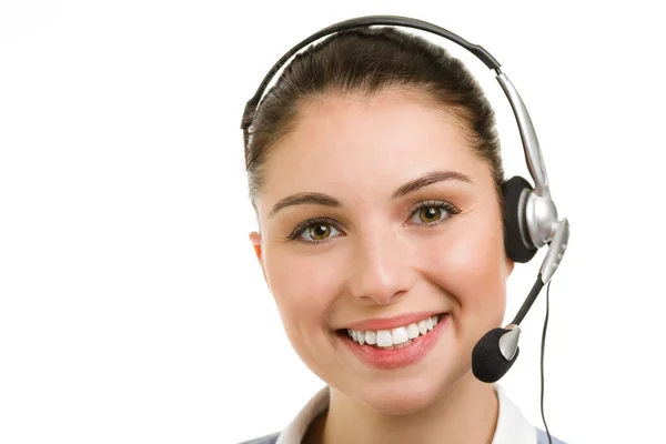 Feliz sorrindo telefonista apoio feminino — Fotografia de Stock