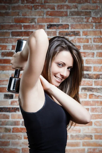 Young smiling fit woman lifting dumbbells — Stock Photo, Image