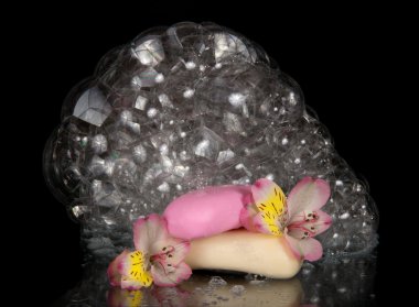 sabun köpüğü, çiçek alstroemeria ve siyah izole sabun parçası