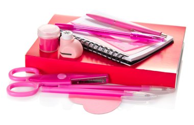 kitap, bir not defteri, tanıtıcı, makas, zımba ve boya