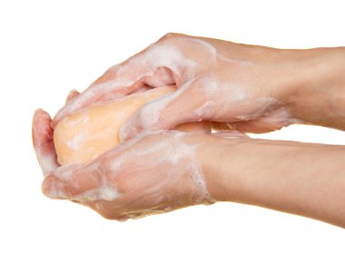 beyaz izole kadın elinde kokulu sabun parçası