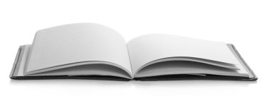 Açık not defteri üzerine beyaz izole, boş sayfalar