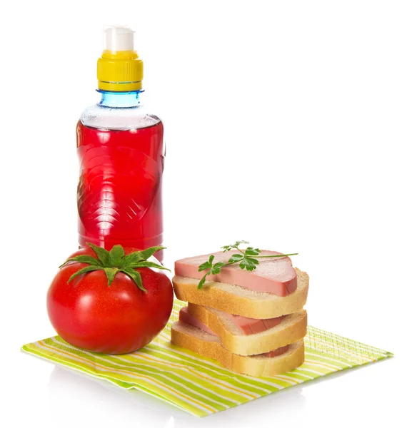Sanduíches, salsa, tomate e garrafa com compota — Fotografia de Stock
