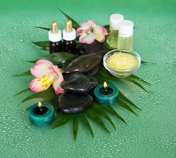 Set of fragrant oils, salt, candles, stones, a flower on a big leaf, on a green background — Stock Photo, Image