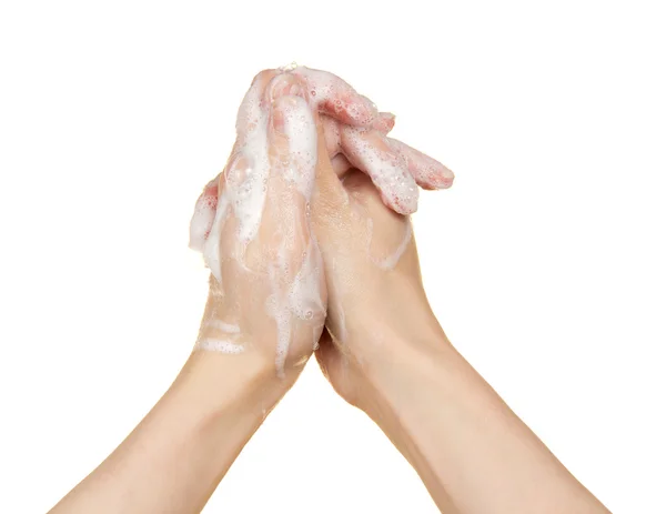 Mytí rukou mýdlem, izolované na bílém — Stock fotografie