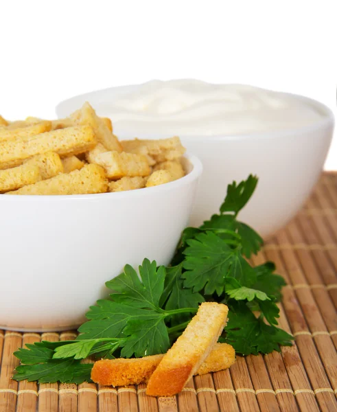 Croutons, sour cream and the parsley a close up isolated on white — Stock Photo, Image