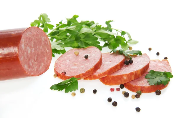 Sausage, parsley, spices, isolated on white — Stock Photo, Image