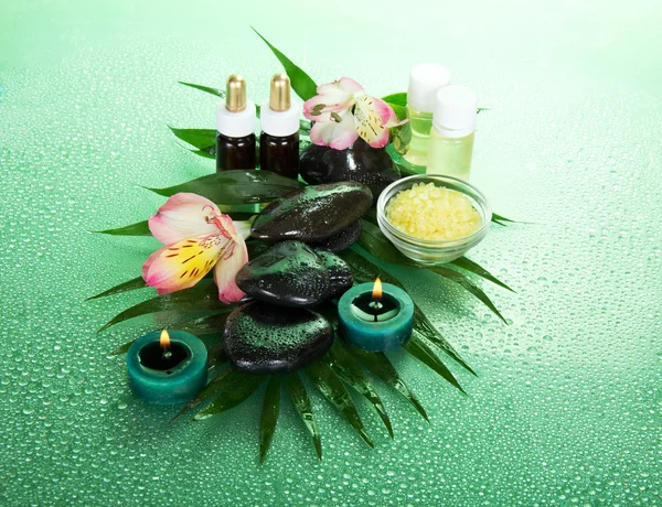 Set of fragrant oils, salt, candles, stones, a flower on a big leaf, on a green background — Stock Photo, Image