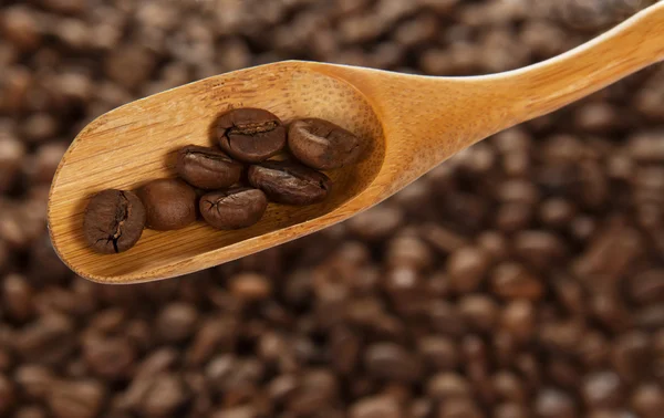 Colher de madeira com café, contra grãos de café — Fotografia de Stock