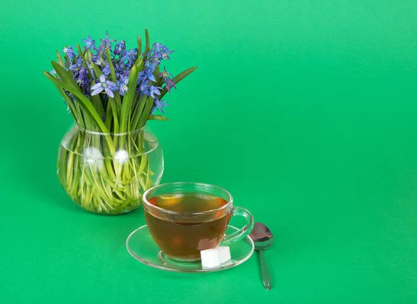 Kopje thee en suiker op een schotel, een theelepel, een vaas met squills, op een groene achtergrond — Stockfoto