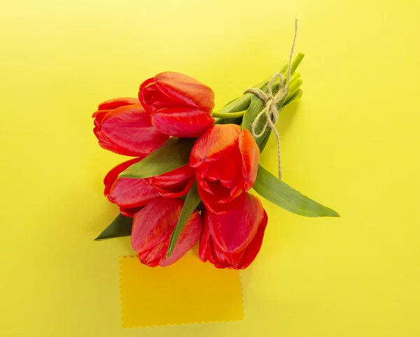 Buquê de tulipas com uma corda e o cartão vazio do texto em um contexto amarelo — Fotografia de Stock