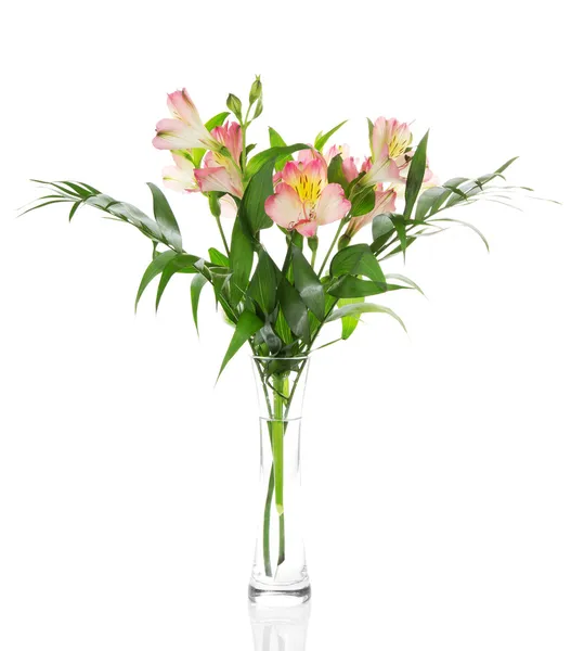 Bouquet of alstroemeria flowers in glass vase isolated on white — Stock Photo, Image