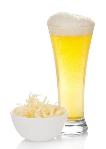 Glass of beer and salty squids in a bowl — Stock Photo, Image