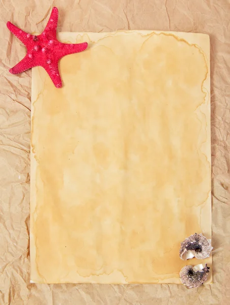旧纸张、 starfishes、 cockleshells — 图库照片