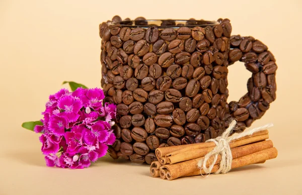 La tasse faite de grains de café, une branche d'oeillet brillant, et des bâtons de cannelle — Photo