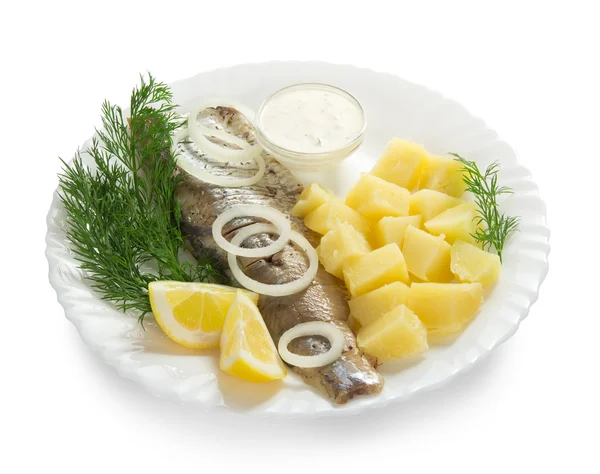 鲱鱼和土豆汁的早餐，孤立在白色 — 图库照片