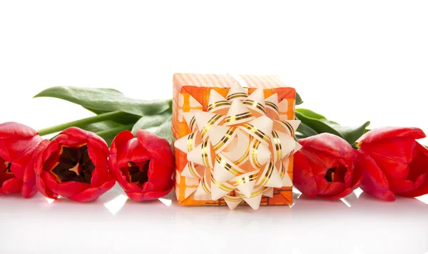 Ljusa presentförpackning med en båge och tulpanerna isolerad på vit — Stockfoto