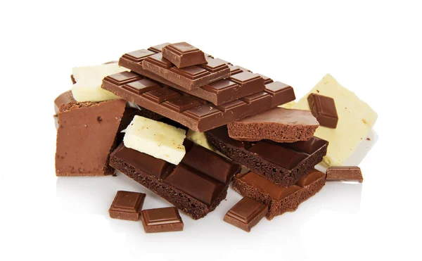 As fatias de chocolate preto, branco e leite — Fotografia de Stock