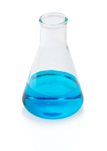 Chemical flask with blue liquid, isolated on white — Stock Photo, Image