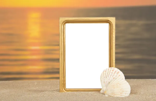 Frame, set of sea cockleshells on sand against a decline — Stock Photo, Image