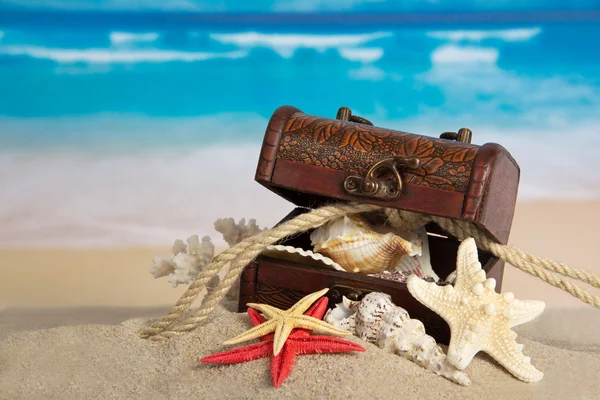 Ancient chest with sea cockleshells and a rope on sand — Stock Photo, Image