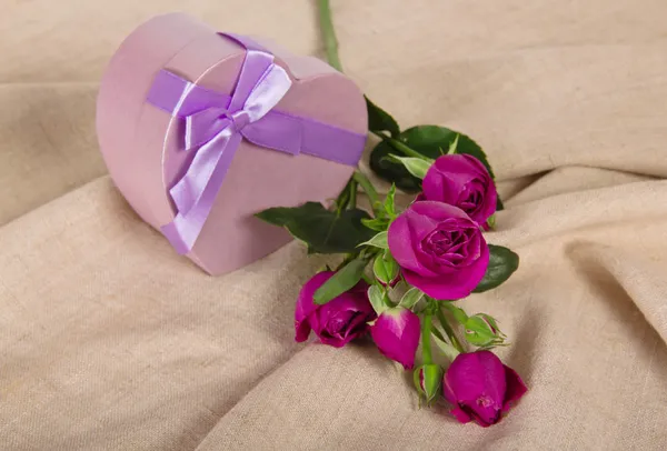 Rosenzweig und Geschenkbox Herz mit Schleife, auf Leinwand — Stockfoto