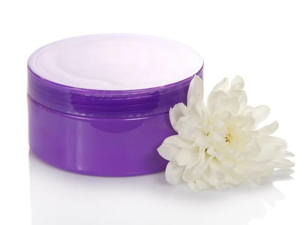 Natural cosmetic cream jar and flower isolated on white — Stock Photo, Image