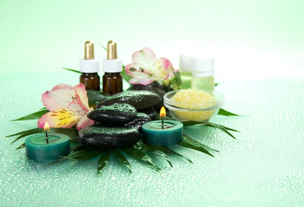 Set of fragrant oils, salt, candles, stones, a flower on a big leaf, on a green background — Stock Photo, Image