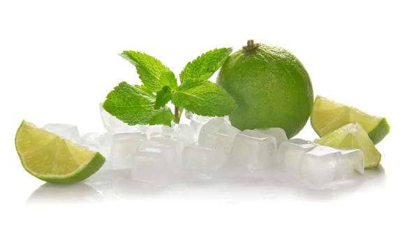 Ice cubes, lime, mint and the slices of a lime isolated on white — Stock Photo, Image