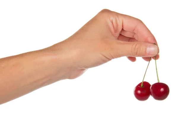 The female hand holds two sweet cherries — Stock Photo, Image