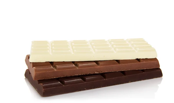 堆栈的多孔白、 黑巧克力和牛奶巧克力 — 图库照片