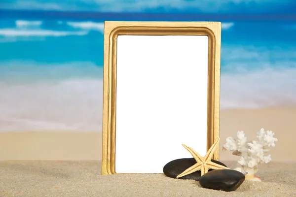 Beautiful frame, starfish, coral and pebble on sand — Stock Photo, Image