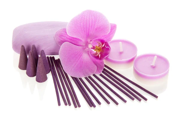 Orchid flower, aromatic set and the soap isolated on white — Stock Photo, Image