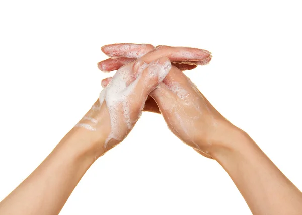 Foam of soap and female hands, isolated on white — Stock Photo, Image