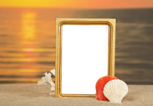 Frame, set of sea cockleshells on sand against a decline — Stock Photo, Image