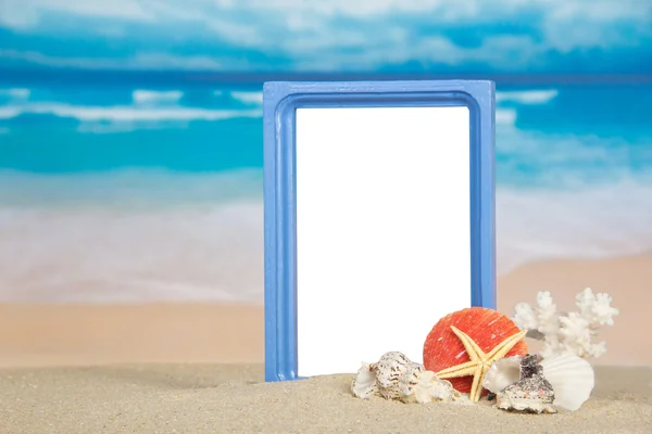 Frame, sea cockleshells and coral on the sandy coast — Stock Photo, Image
