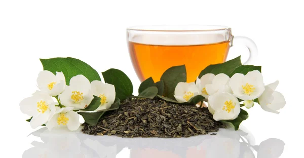 Cup of green tea with flowers of the jasmine — Stock Photo, Image