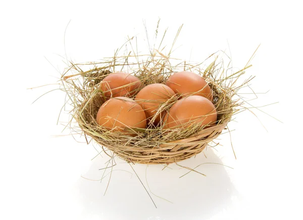 Jaja, siano w kosz łyka, na białym tle — Zdjęcie stockowe