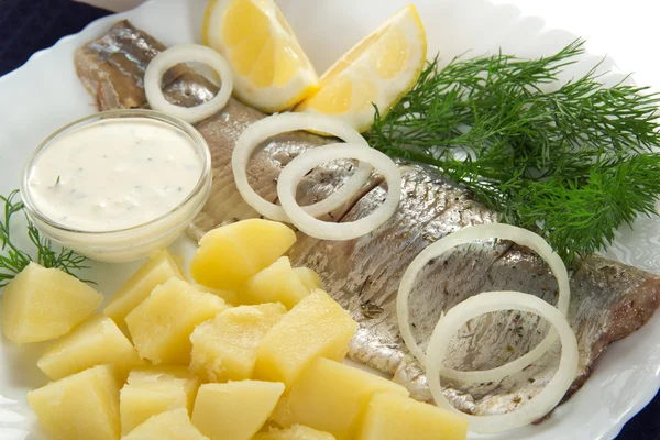 Pequeno-almoço saboroso de um arenque com cebolas e um limão, batatas com molho e funcho, em um prato — Fotografia de Stock