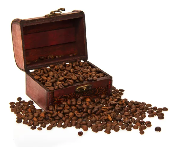 Chest with the coffee grains, isolated on white — Stock Photo, Image