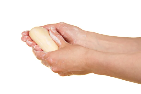 Soap in the female hands, isolated on white — Stock Photo, Image