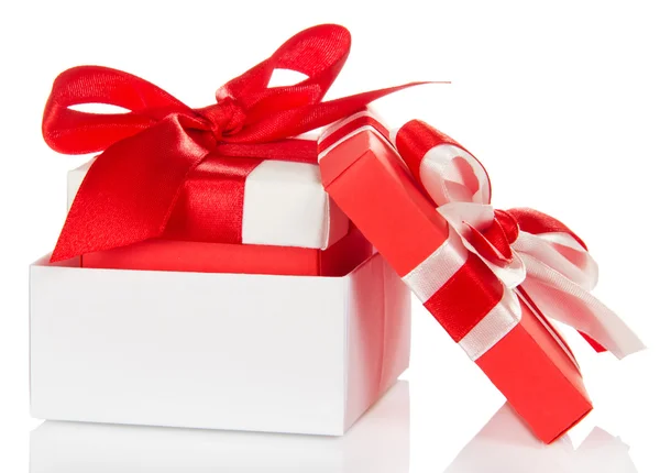 Gift with a bow in a white box and lid close isolated on white — Stock Photo, Image
