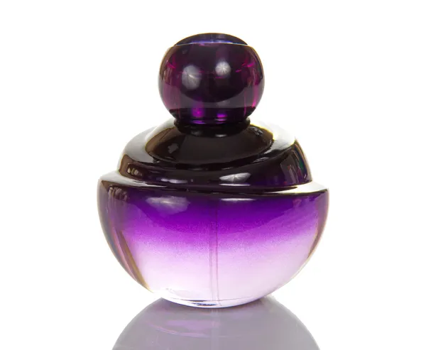 Glass bottle of violet perfume — Stock Photo, Image