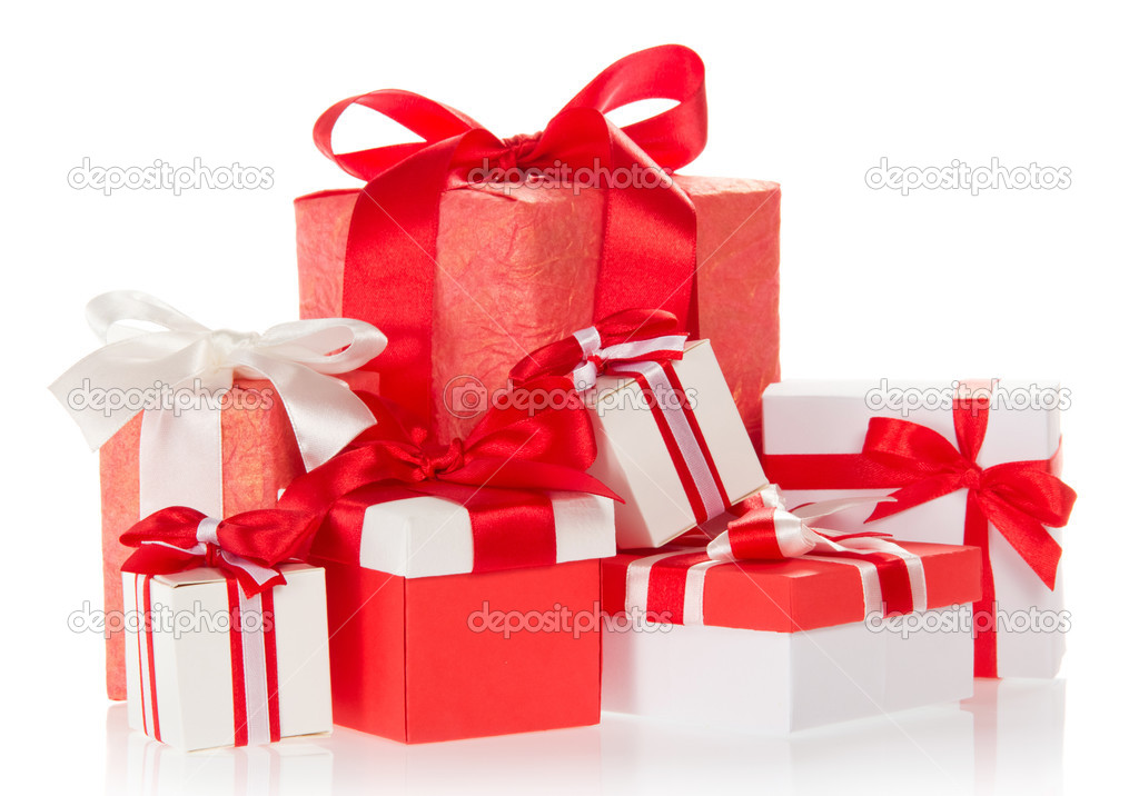 Bright colourful boxes with the gifts, decorated with ribbons and the bows