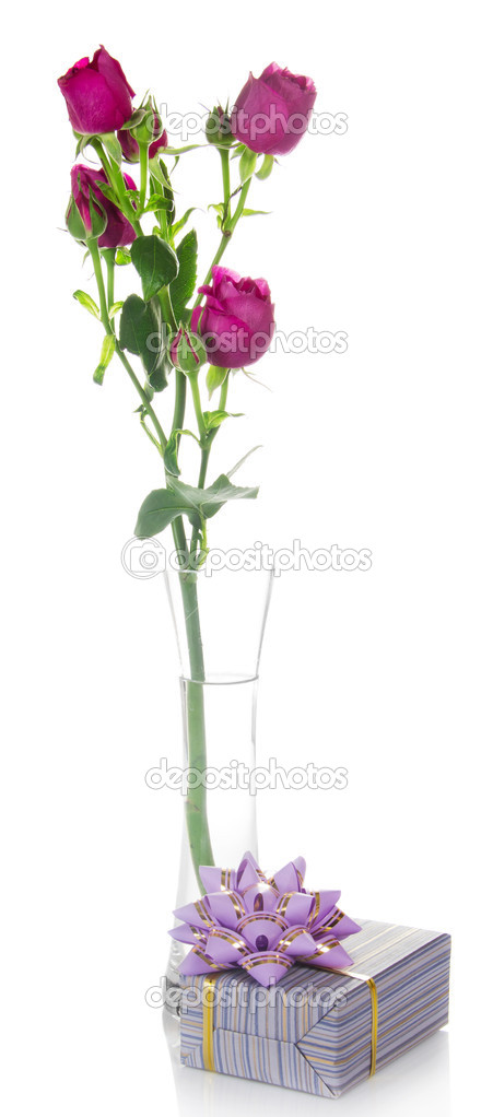 Gift box with a beautiful bow and rose branch in a vase