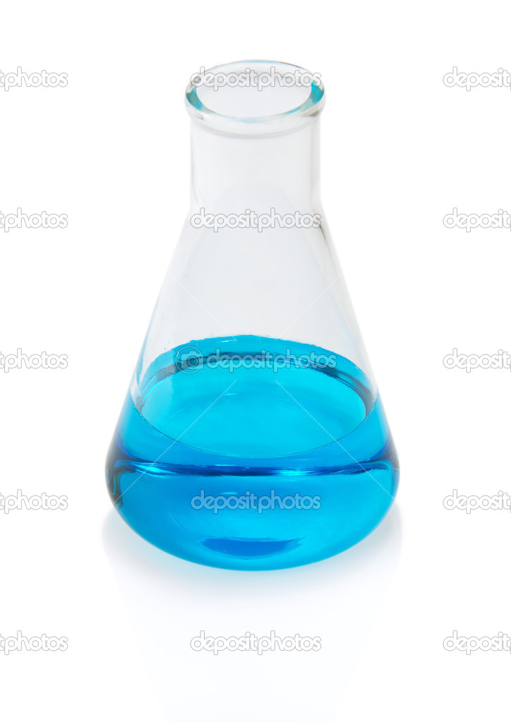 Chemical flask with blue liquid, isolated on white