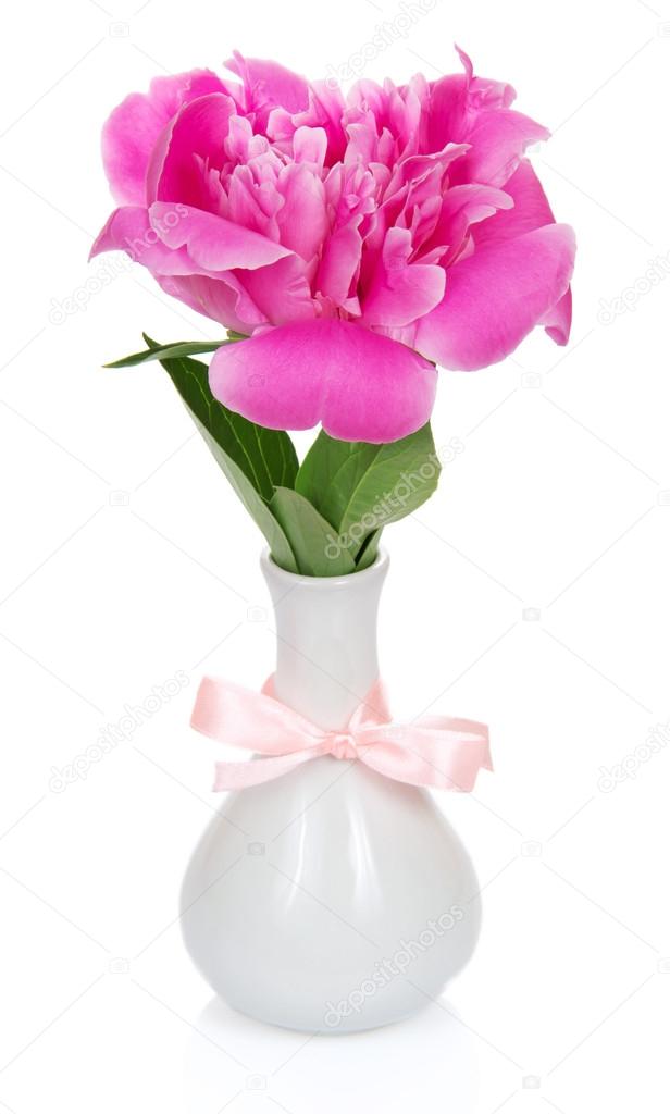 Pink Peony In A Vase Decorated With A Ribbon Stock Photo